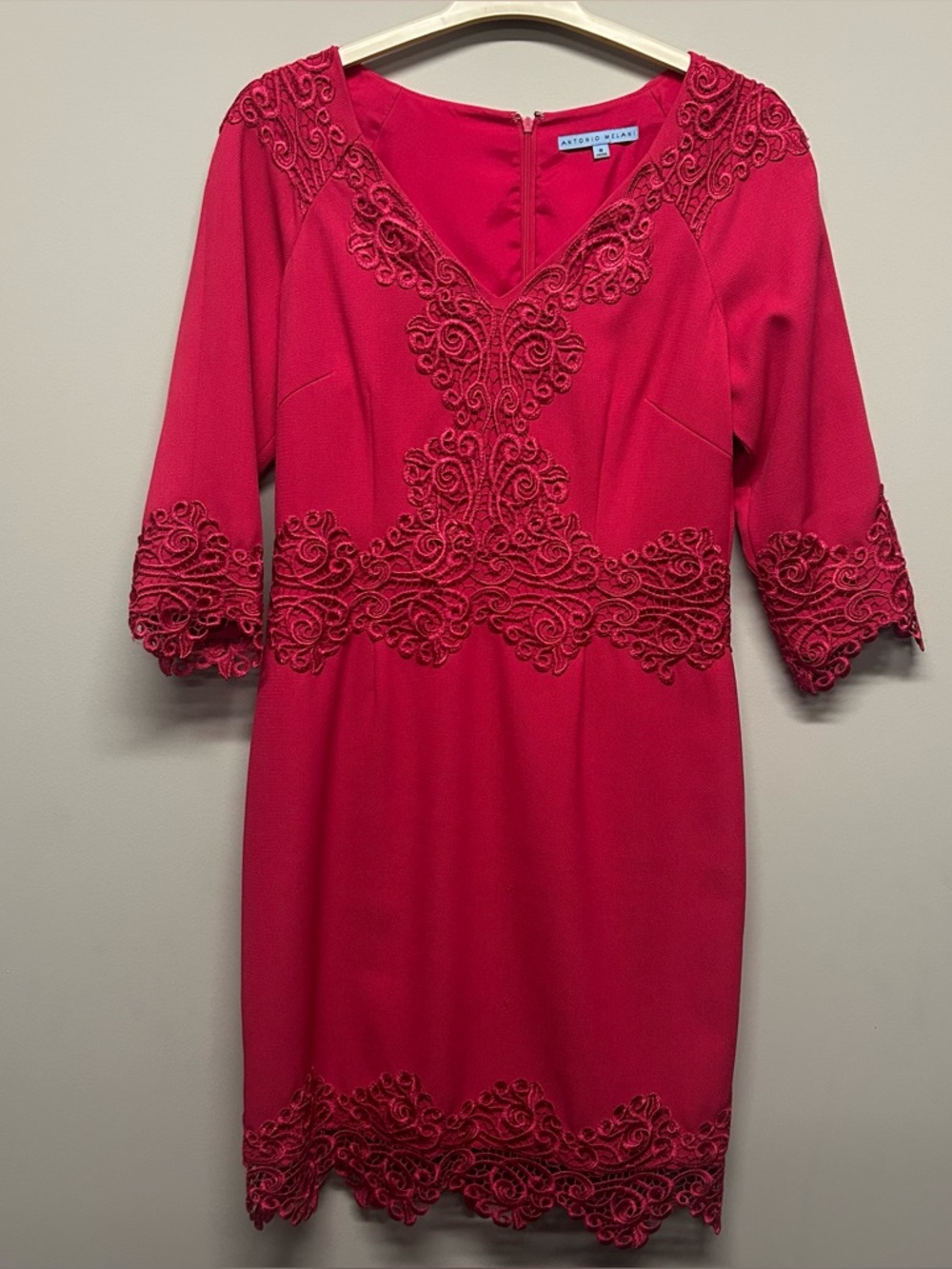 ANTONIO MELANI Hot Pink Embroidered V-Neck Midi Dress